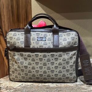 MCM Beige Monogram Visetos Canvas Leather Marble Briefcase Bag